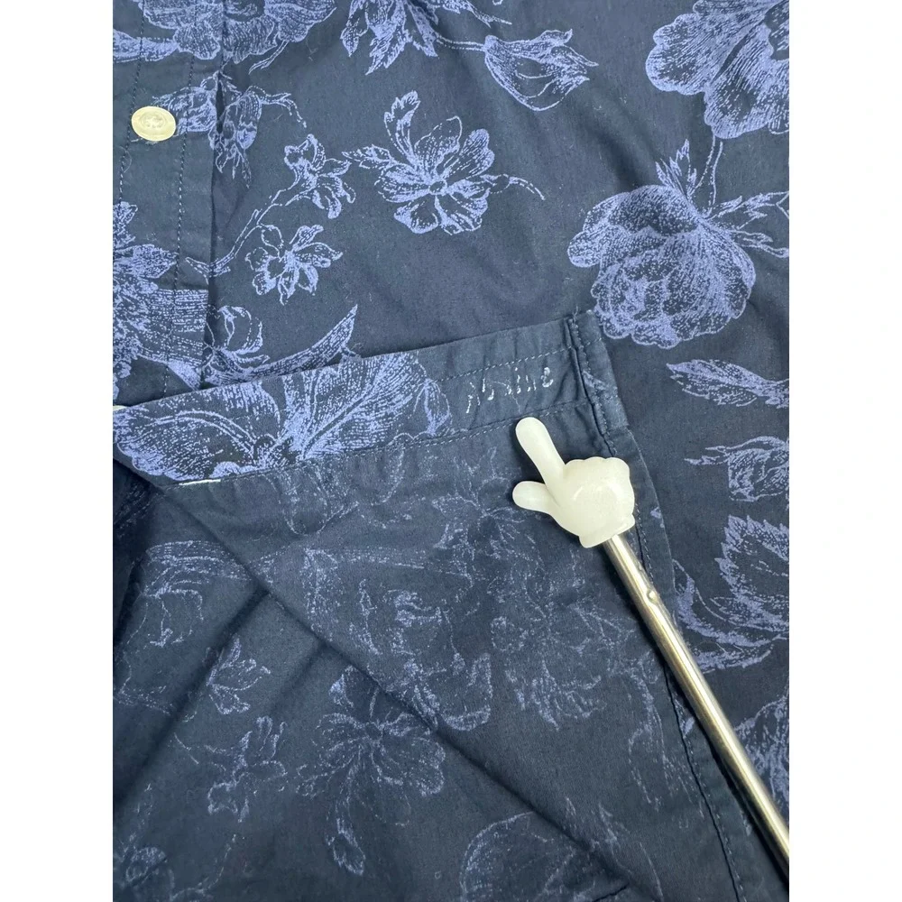 Banana Republic Mens Large Luxe Poplin Untucked Slim Fit Floral Shirt Navy Blue